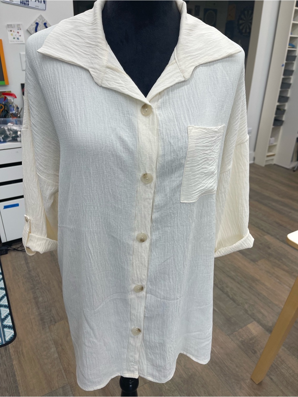Relaxed Cream Button-Down Shirt with Patch Pocket